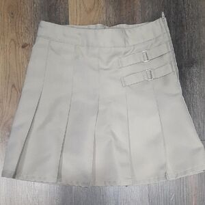 French Toast Khaki Pleated Skirt with Buckle Accents